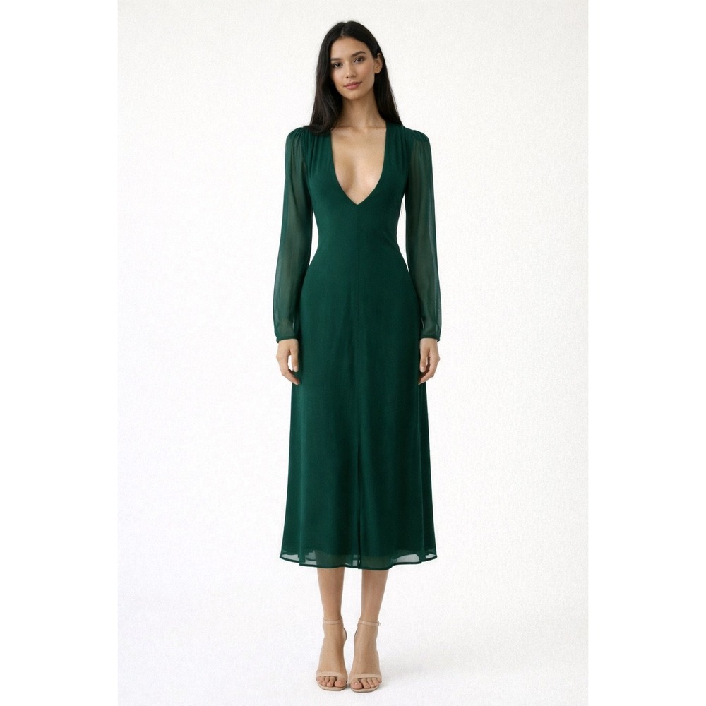 Reformation‎ XS Green V Neck Long Sleeve Midi Dress Wedding Guest | Event Dress